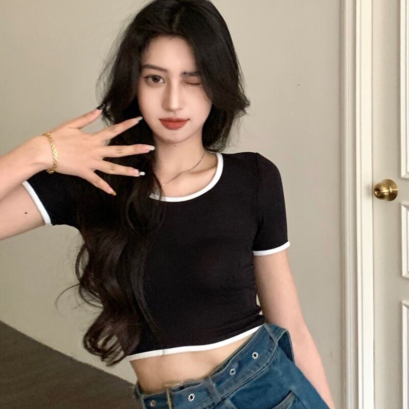 サマースタイルラウンドネックショートスリムフィット半袖スリーブTシャツ トップス ハーフスリーブ 夏物 Oネック ハンチェンe70052477598