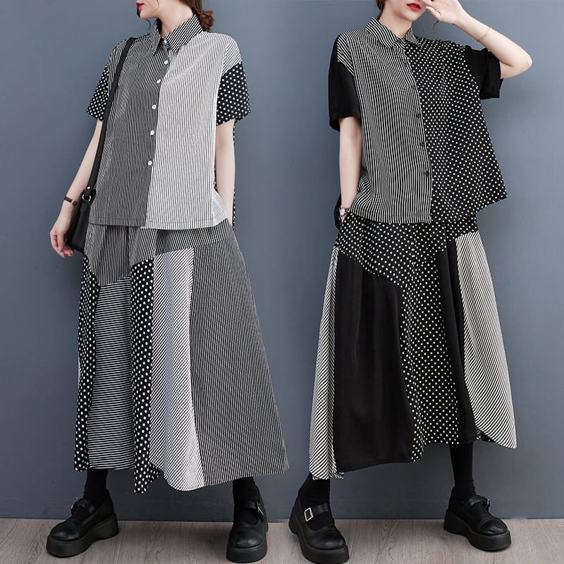 STRIPE DOT PATCHWORK HALF SLEEVES SHIRT & A-LINE SKIRT SET 2pieces