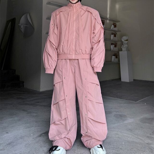 予約販売】メンズ セットアップ 上下 長袖 ピンク ブラック ワイド