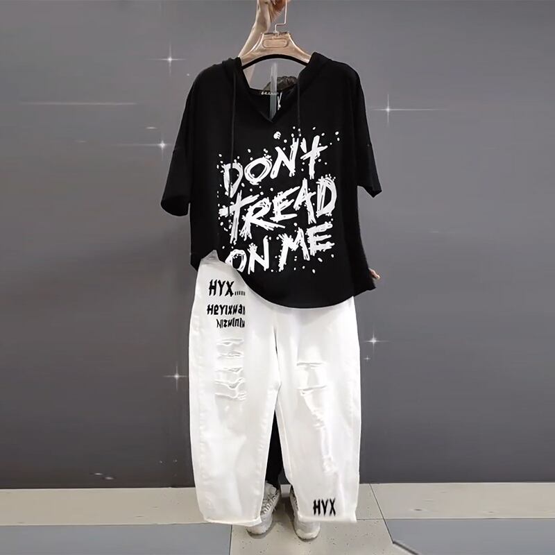 サマールーズフードTシャツ トップス ジーンズ 大きめサイズ 夏物 ミックスインファッション18915060959