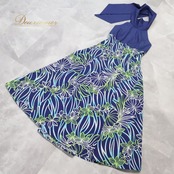 フラダンス 衣装 PauSkirtShop パウスカートショップ ワンピース ドレス ネイビー系 日本製 ホルターネック ハイネック リボン 花柄 ラウアエ柄 かわいい 華やか 鮮やか 爽やか ハワイアン アロハ ハワイアンプリント ダンス レッスン 練習