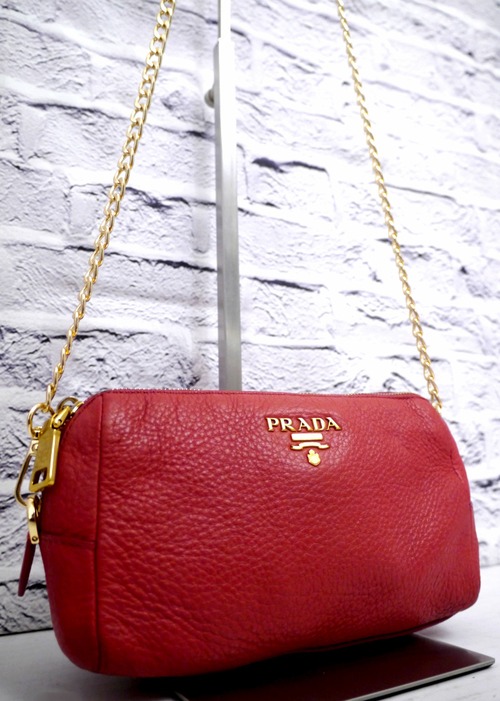 ◆PRADA プラダ VITELLO レザー チェーンストラップ クロスボディ ショルダー バッグ カメラ バッグ ポーチ ポシェット 赤x金◆ レアモデル