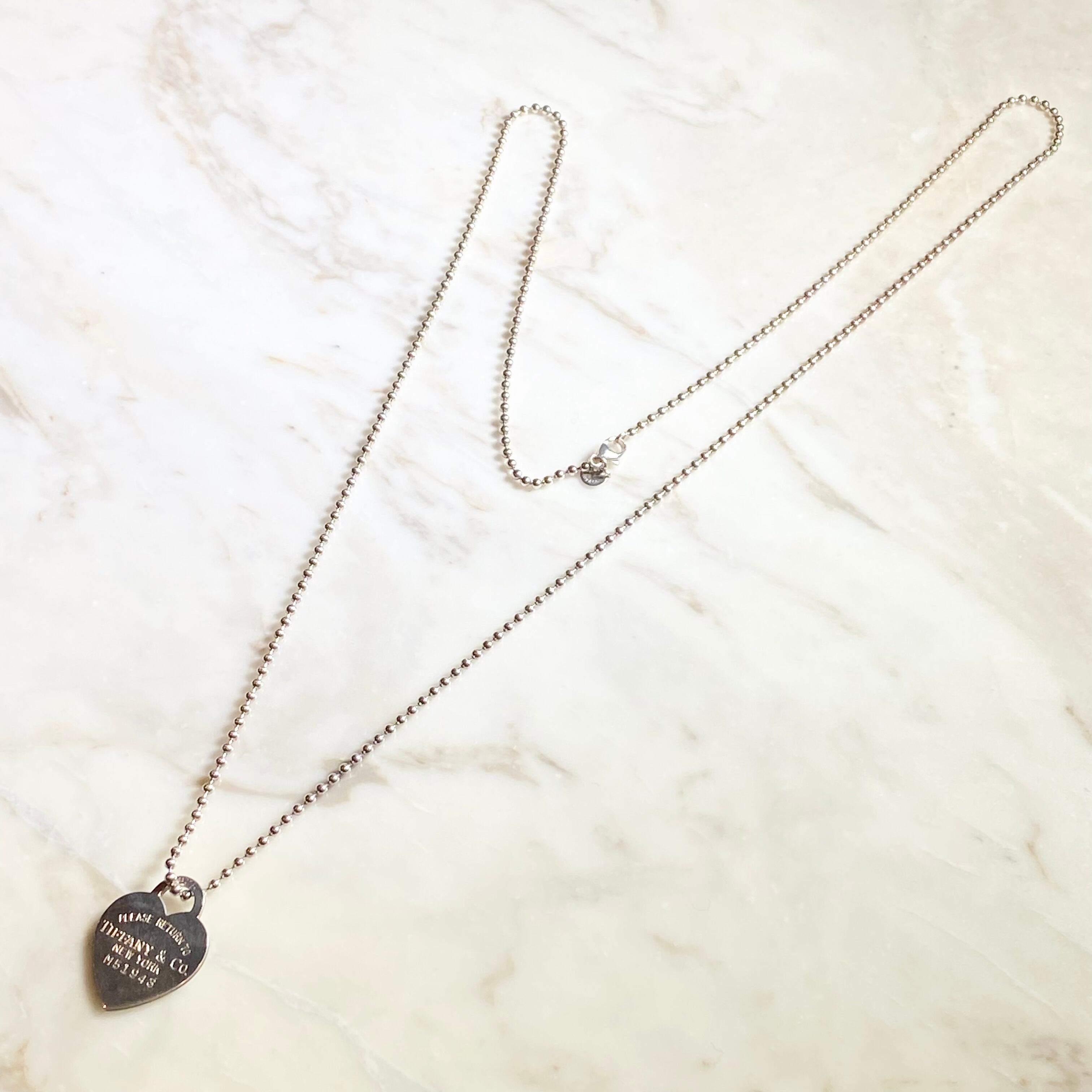 TIFFANY silver heart pendant long ball chain necklace “return to 