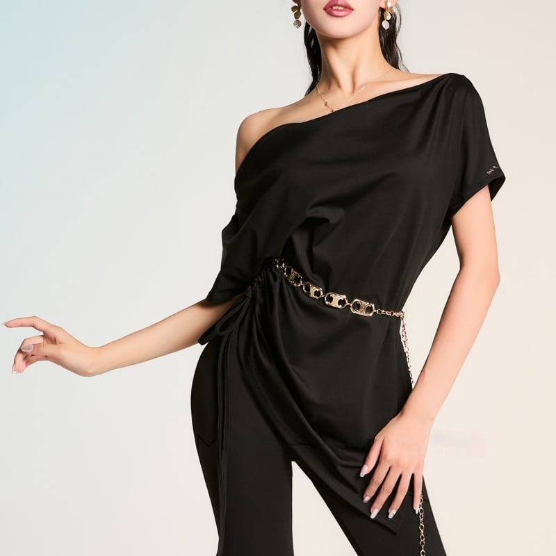 ワンショルダー ドレープ チェーン ベルト トップス 1col D00064