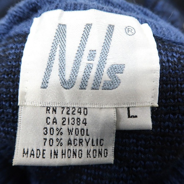古着 デザインニット セーター 総柄 ハイネック ブルー ブラック サイズ表記：L gd73968