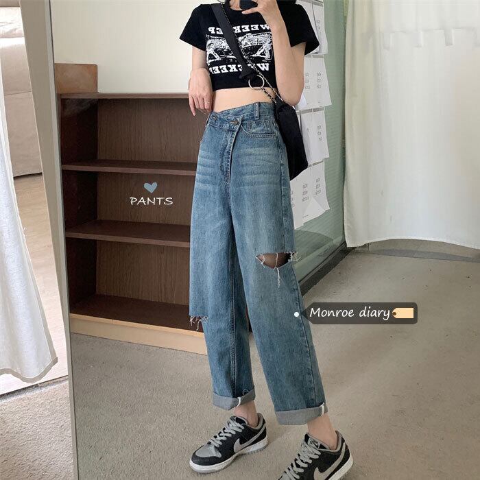 スタンダードブルーハイウェストウェスト薄手ジーンズ サマールーズパンツ レトロ 夏物 モンロー83961433934