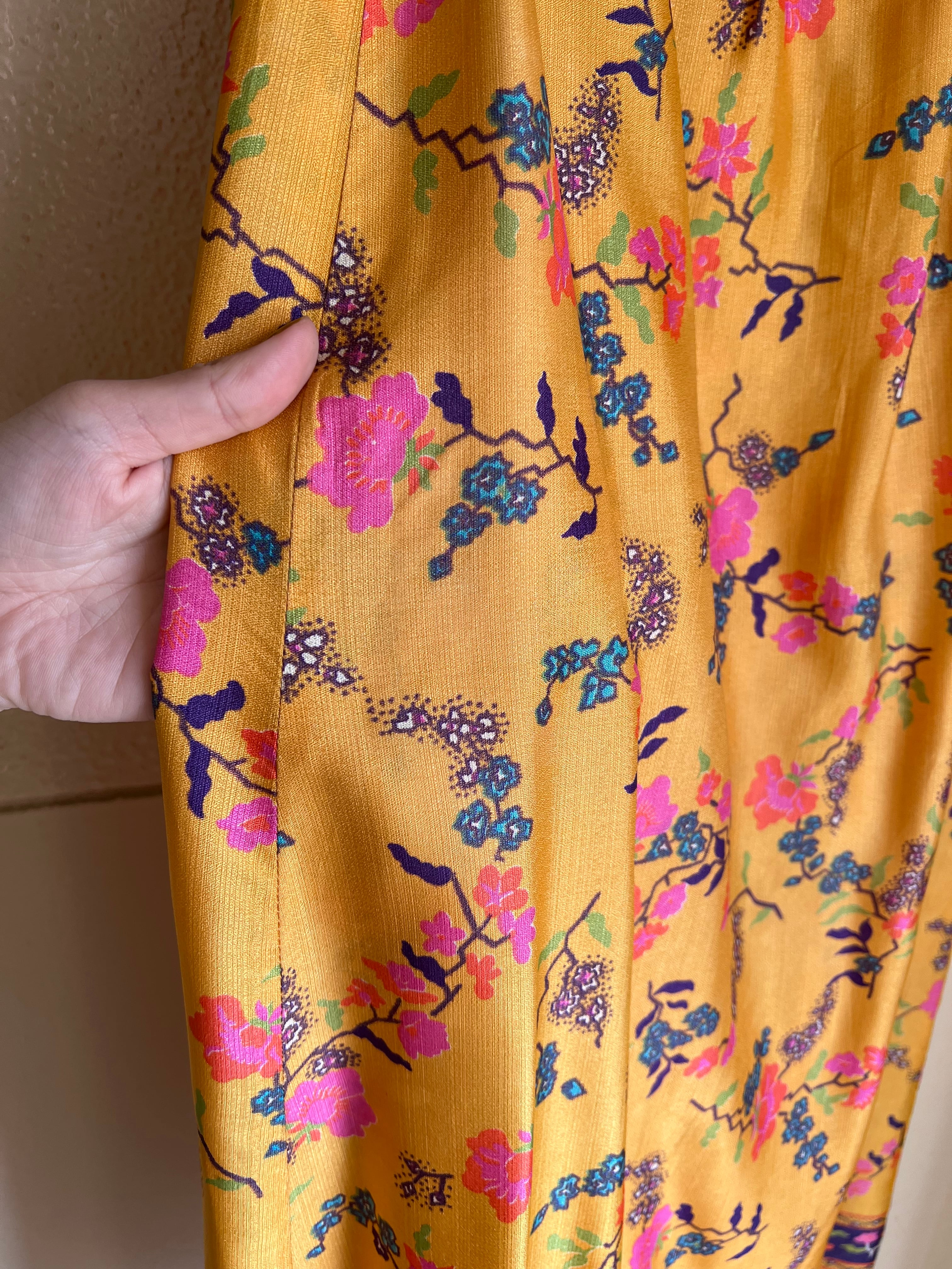 70s yellow × floral long skirt (ヴィンテージ イエロー × 花柄