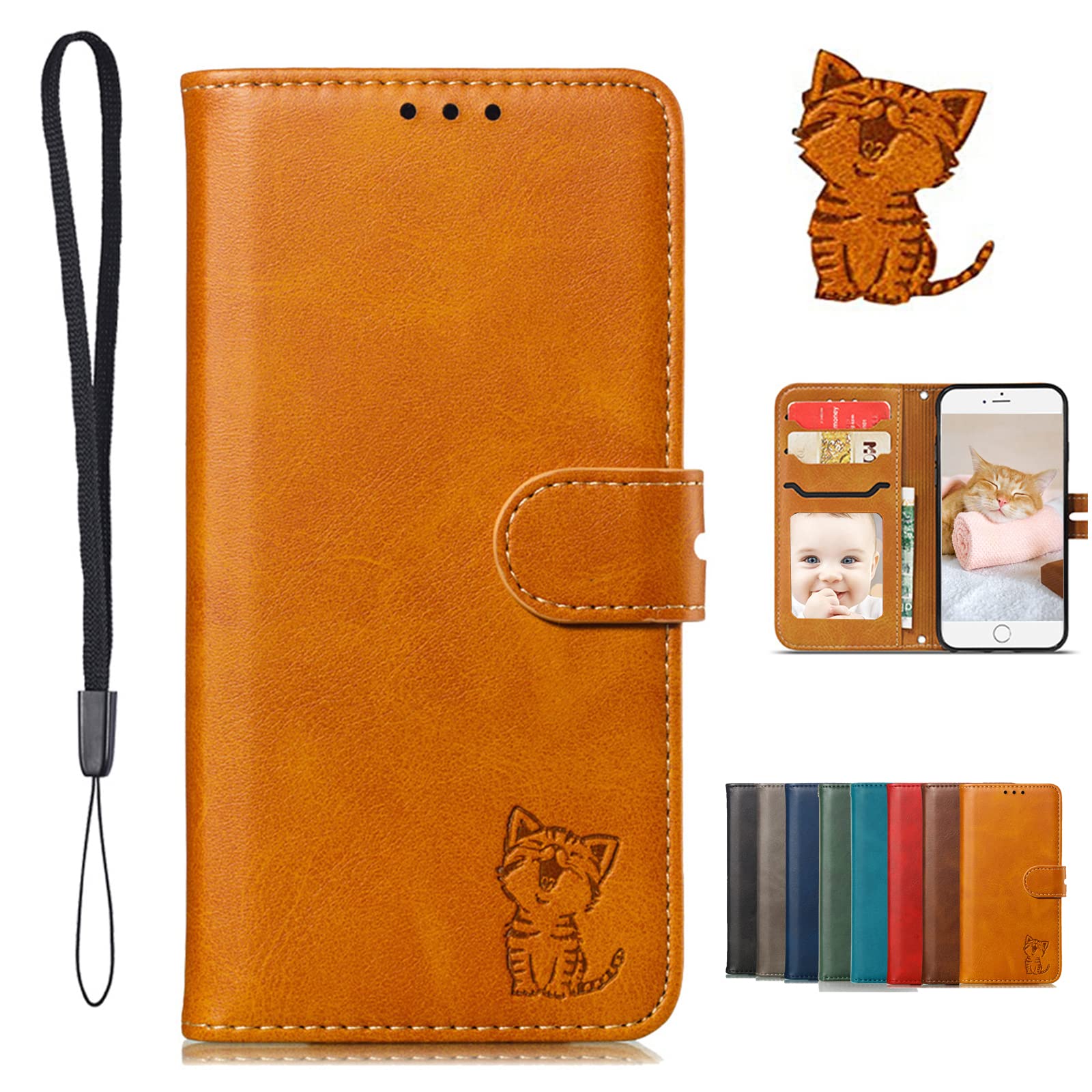 iPhone 14 Pro Max ケース 手帳 iphone 14 pro maxケース手帳型 iphone 14pro max 手帳型ケース スマホケース アイフォン 14プロマックス カバー case 笑顔猫ちゃん ストラップ付き ベルトマグネット スタンド機能 薄型 (iPhone 14 Pro Max 6.7inch対応) ライトブラウン