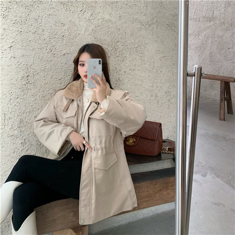 清純で人をうっとりさせる韓国ファッション スリーブサークル パッド入りコットン コートフェイクファーの襟