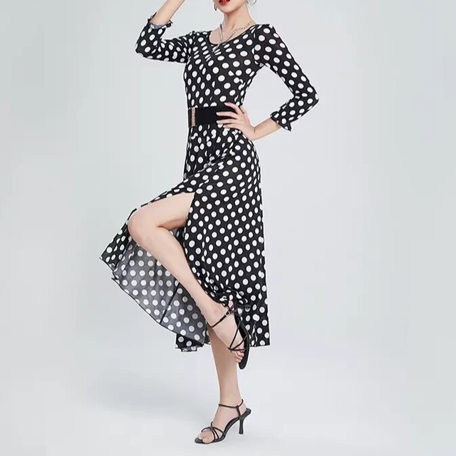 ウエストベルト ロングスリーブ ミモレフレア ドットワンピース  ds1460