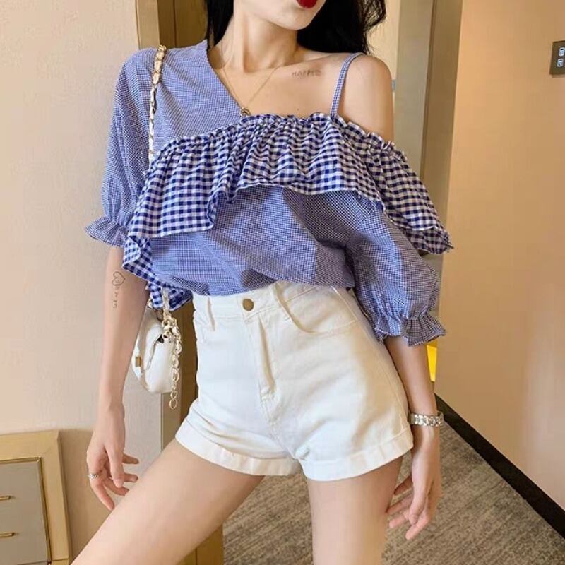 夏の不規則なストラップレスチェック柄ステッチシャツシャツ半袖ルーズ気質フリルレディースシャツ 1号婦人7920840002