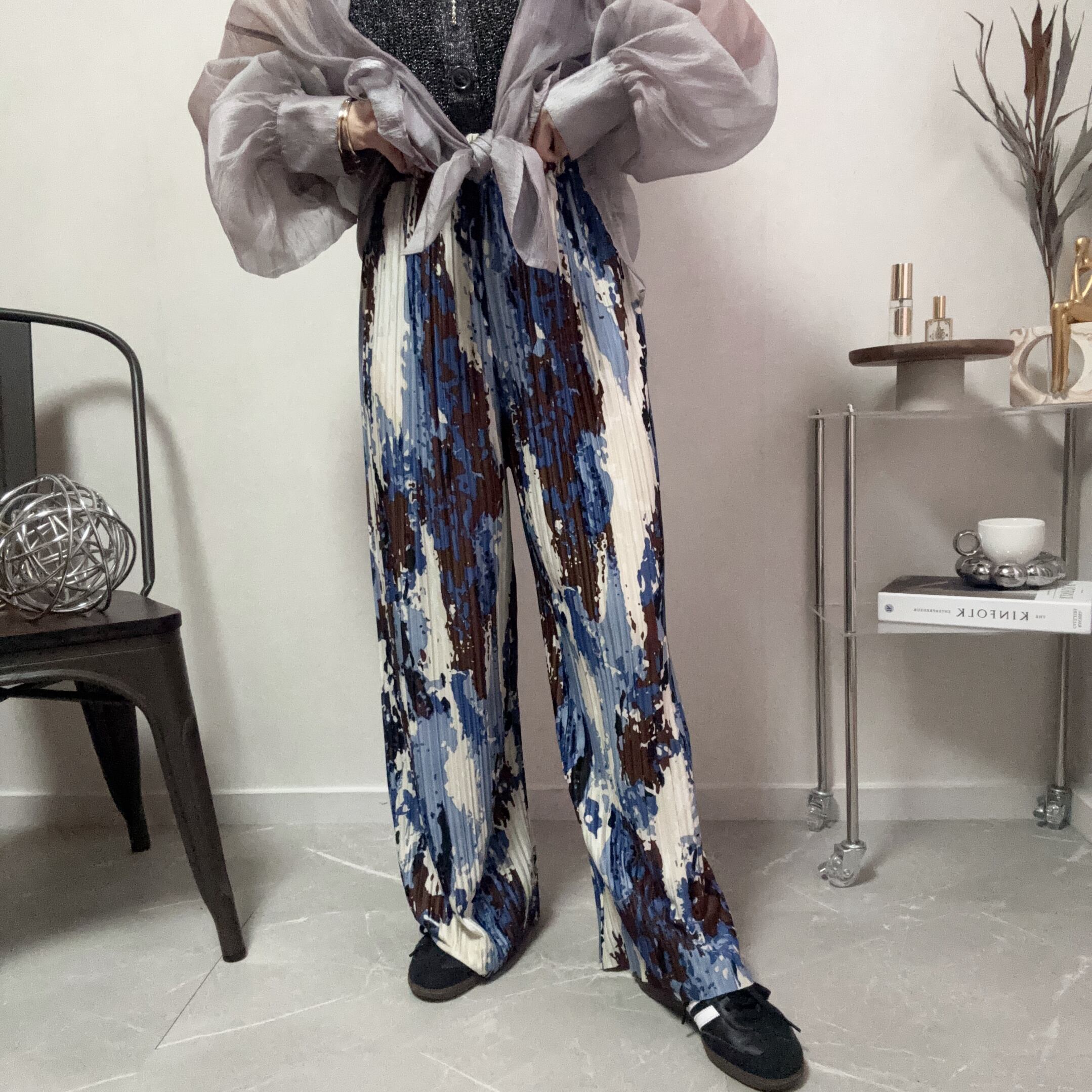 nuance pattern pleats cutoff PT【Blue】