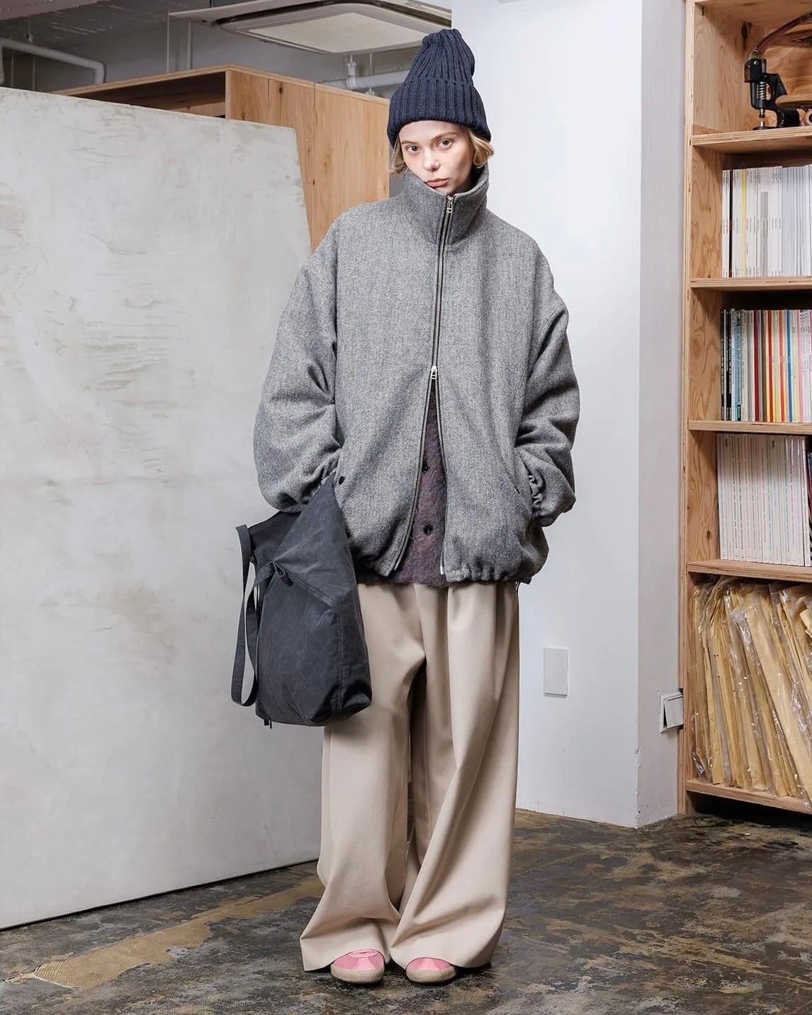 VOAAOV WOOL LINEN HERRINGBONE Blouson GREY | nua