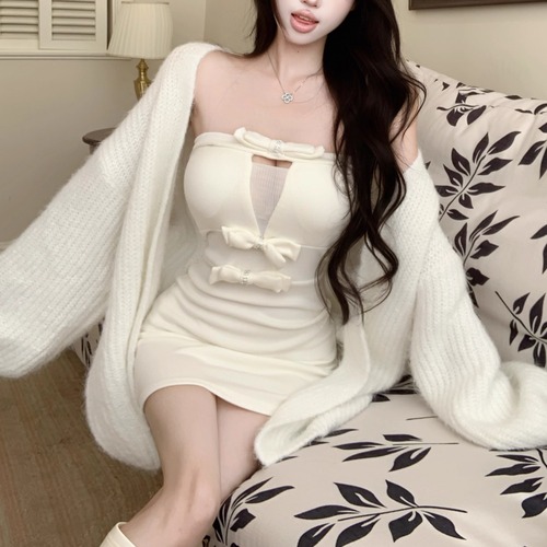 【2点セット】2色／カットアウトリボンベアトップワンピ＋ニットカーデ ・73693