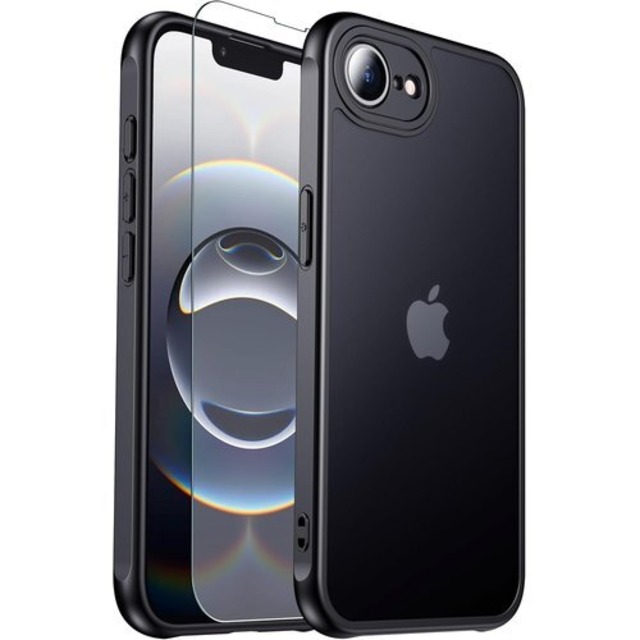 iPhone 16E ケース 半透明 アイフォン16E マットケース 滑り止め 耐衝撃 黄変防止 ガラスフィルム付き アイホン16E case レンズ保護 指紋防止 耐久性 ストラップホール付き あいふぉん16E ワイヤレス充電対応 あいほん16E スマホカバー ブラック justcool 54