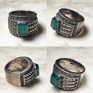 vintage heavy gauge silver marcasite & green agate stone ring