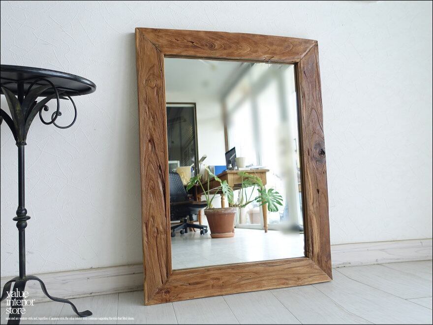 古材 鏡 オールドチークフレームミラー壁掛80/R レトロ 手作り 総無垢 壁掛けミラー 自然な様 古材家具 送料無料 W60 x H80cm