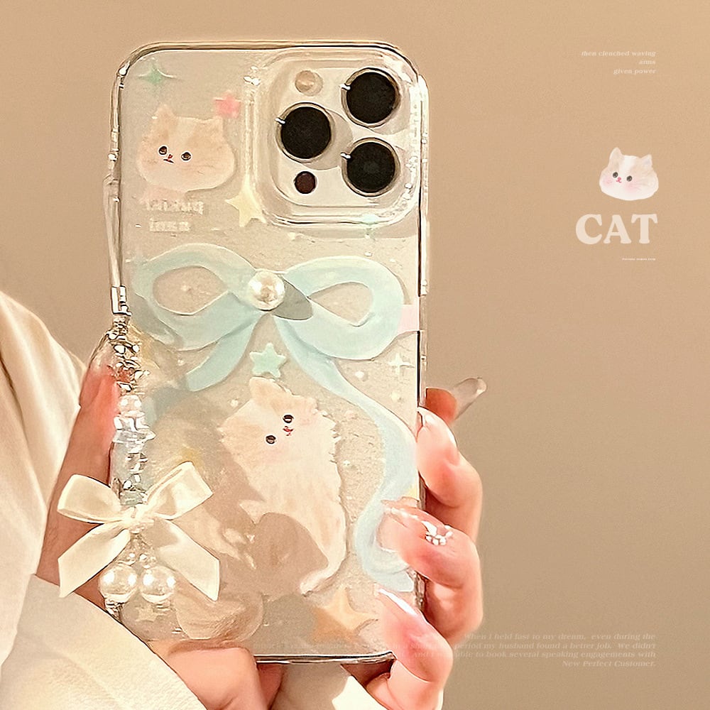 【iPhone15シリーズ対応】猫とリボン◎メルヘン ラメ クリアケース CAT ビーズストラップ パール立体デコ 透明 スマホケース ND-15375