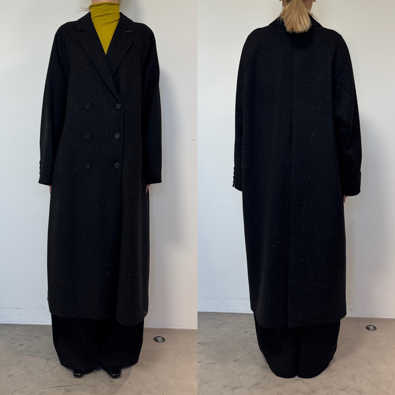 【受注予約:11月上旬入荷予定】Color nep mixed tweed long CO/black