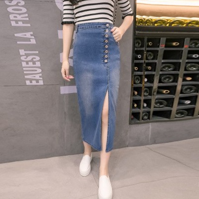 新 2018 ロングデニムスカート女性プラスサイズ 2XL ハイウエストデニムスカート鉛筆分割ストレッチスリムセクシーなジーンズマキシスカート Mujer