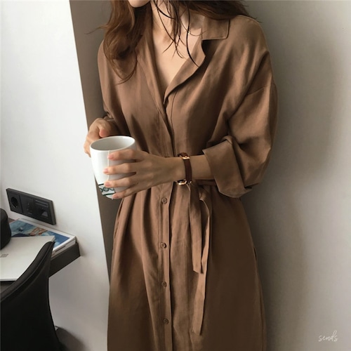 【ママ服】 シャツワンピース ロング丈 ウエストマーク ウエストリボン 羽織り 薄手 秋 大人 マタニティーワンピース ベイクドカラー ブラウン ネイビー 紺