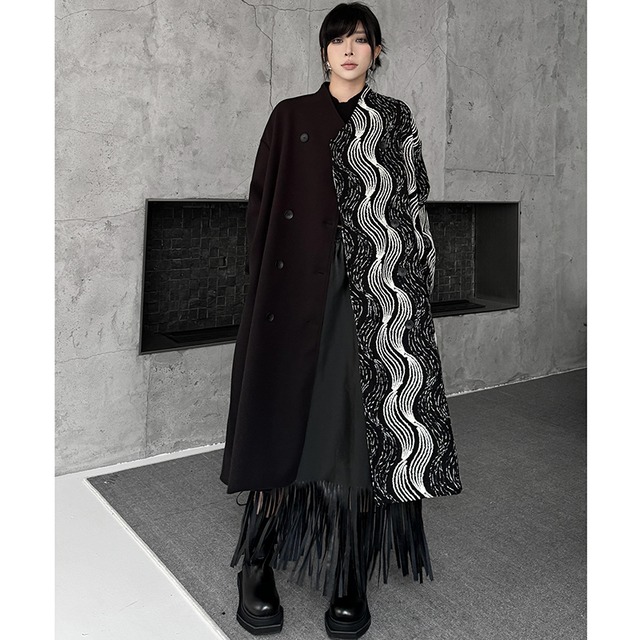 【YIDAOシリーズ】★コート★ ロングコート アウター ラシャ 切り替え レディース ブラック 黒い