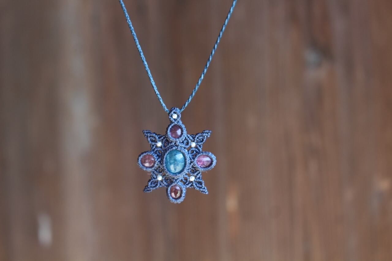 Blue Apatite & Pink Tourmaline micro macrame mandala pendant