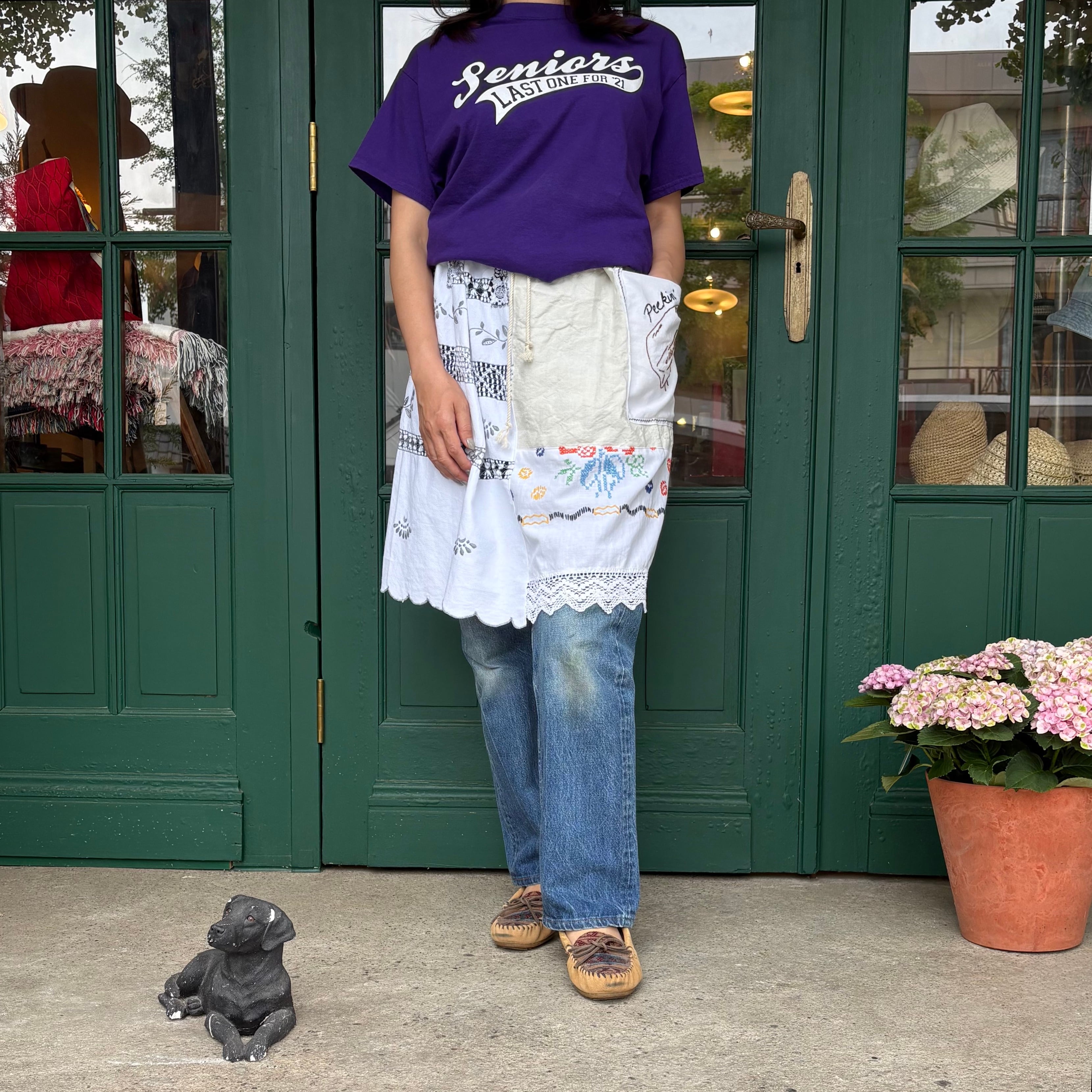 Antique French Linen Patchwork Skirt with Peekin' Cat