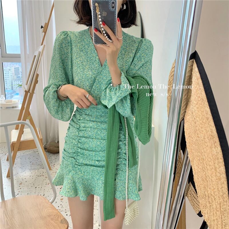 フローラルスカート 薄手Vネックドレス ショート ロング 花柄 ビッグFスモールZ韓国85164043377