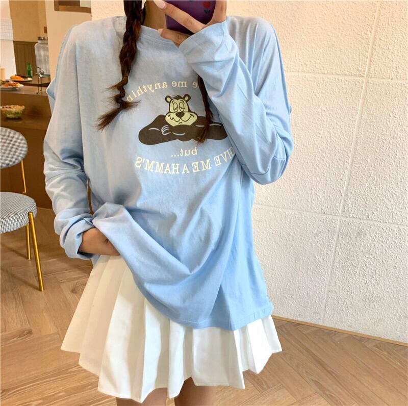 ルーズプリント柄Tシャツ バックスリットトップス ロング オフショルダー ドラファッションホール52786938064