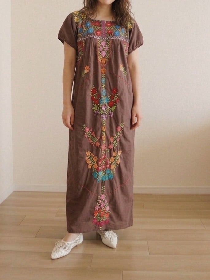 ●70s vintage San Antonino flower embroidery design cotton maxi dress