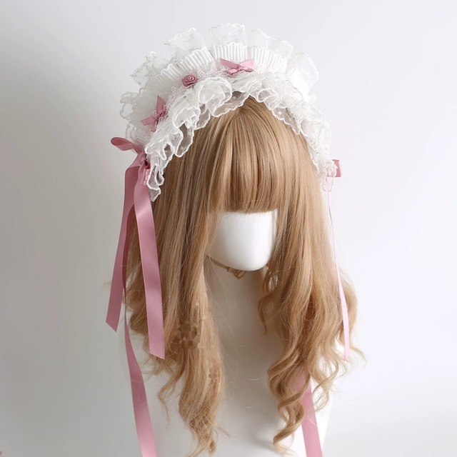 甘ロリ ピンクローズリボンロリータヘッドドレス 白×ピンク