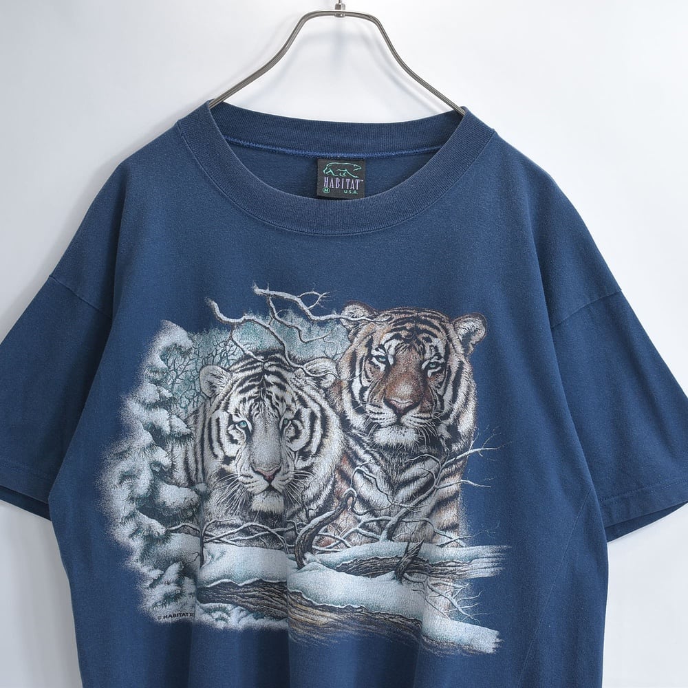90s HABITAT トラ ホワイトタイガー 雪景色 プリント Tシャツ ネイビー