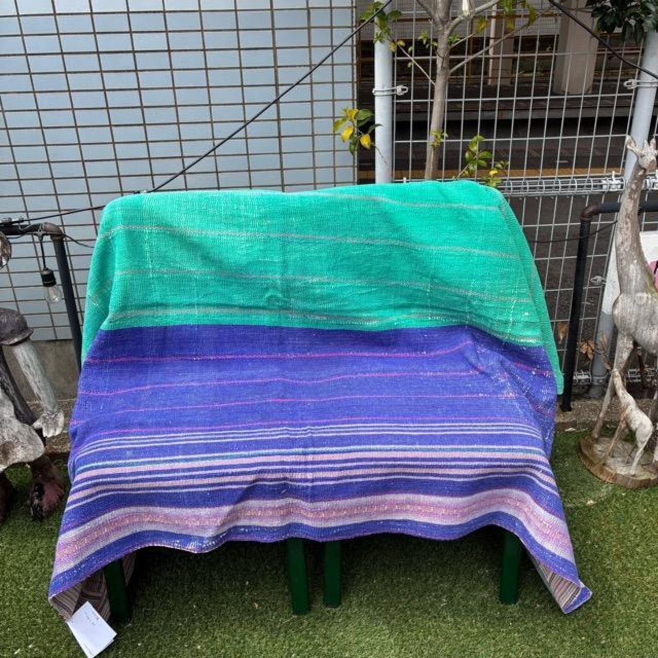 インド　ヴィンテージラリーキルト　26000-21　130×190cm　カンタ　ベッドカバー　ソファカバー　マルチカバー　ハンドメイド　１点もの　ブルー　グリーン