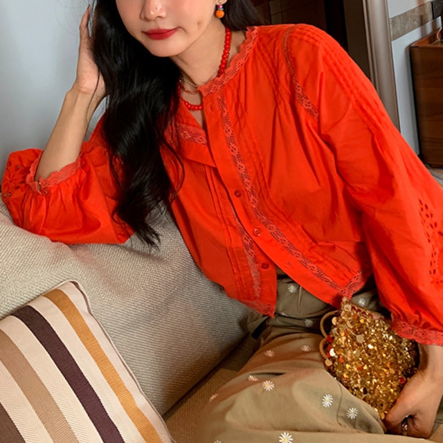 orange red embroidered cutout cropped cotton blouse＜t1611＞