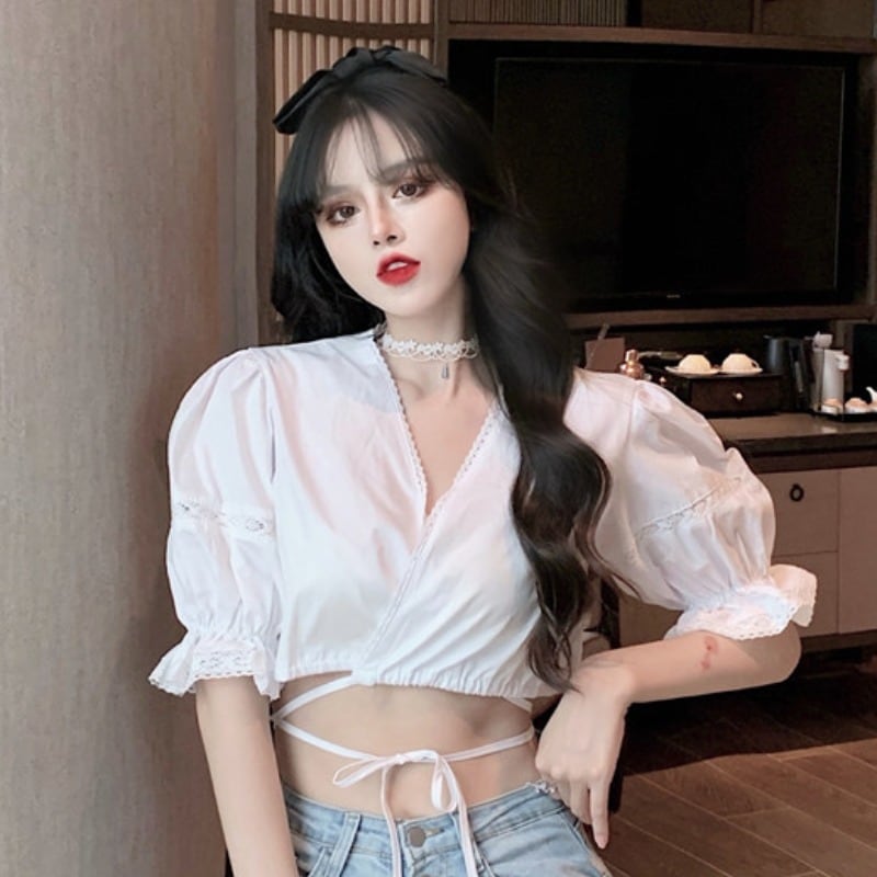 サマースタイルシャツ レースラッフルスリーブブラウス 夏物 ハンチェンe15158260488