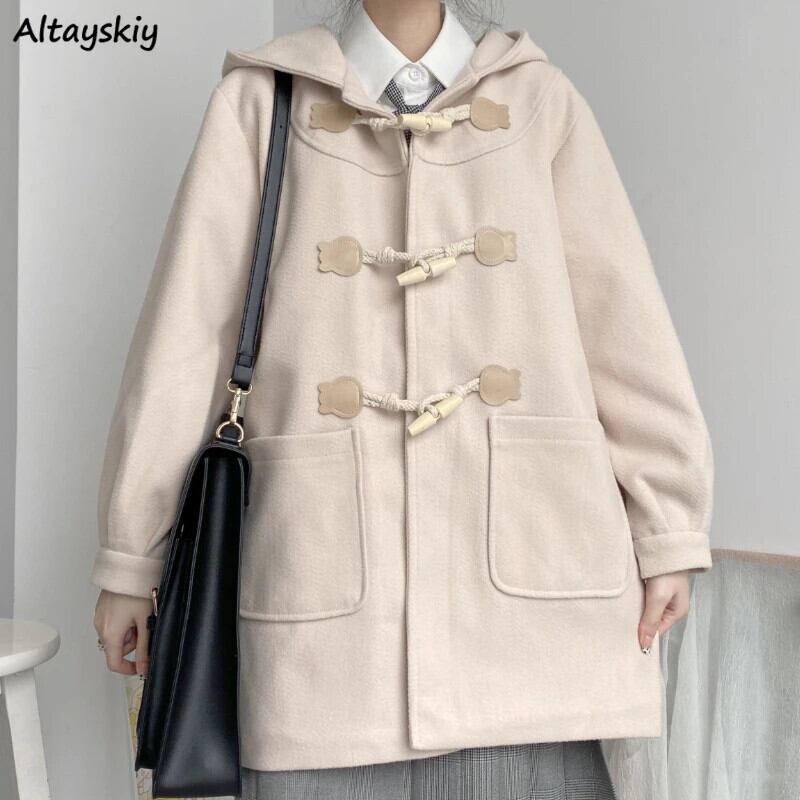 【新作】【送料無料】 日本のプレッピースタイルブレンド女性かわいいボタン女子高生フード付きコート Y2k 秋冬ファッションだぶだぶオールマッチレトロシック 0320499530897