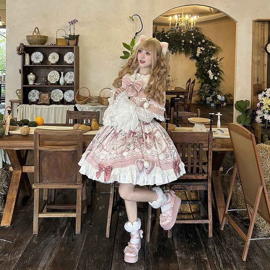 量産型 セットアップ ケープ×猫柄ドレス ピンク×フリル｜WithU
