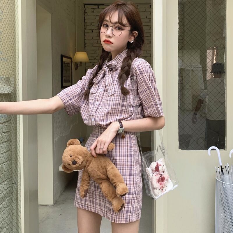 セット2020新しい女性のサマードレス洋風ボウチェックチェック柄シャツ+ヒップAラインスカートツーピーススーツ 1号婦人68805533451