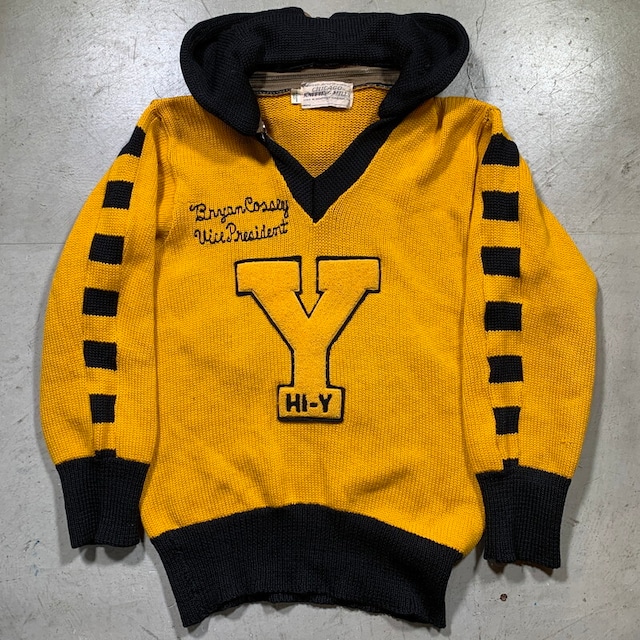 60's CHICAGO KNITTING MILLS フード付き レタードセーター Gary Roosevelt High school HI-Y 2トーン イエロー ブラック 珍品 アスレチック M相当 希少 ヴィンテージ BA-1652 RM2071H