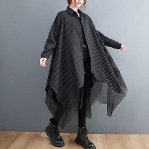 Striped Spliced Mesh Shirt Dress / ストライプ シャツ × メッシュ ワンピース