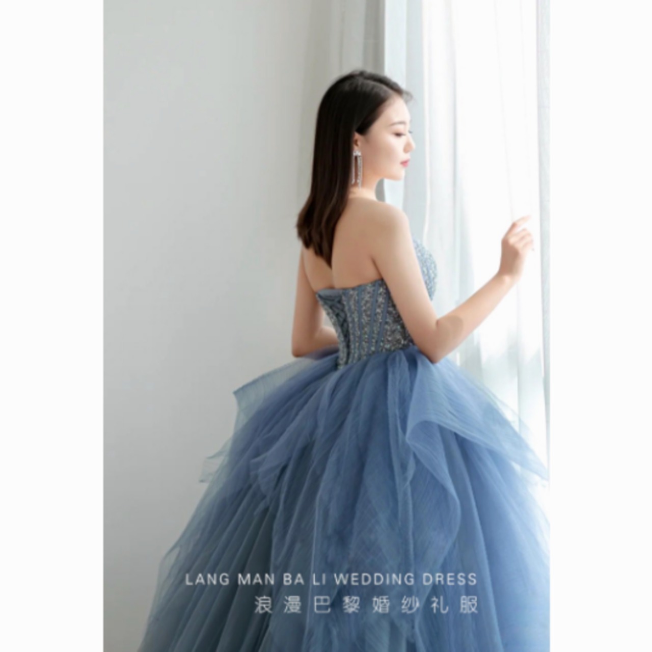 高品質！ パーティードレス ブルーグレー カラードレス トレーン ベア  