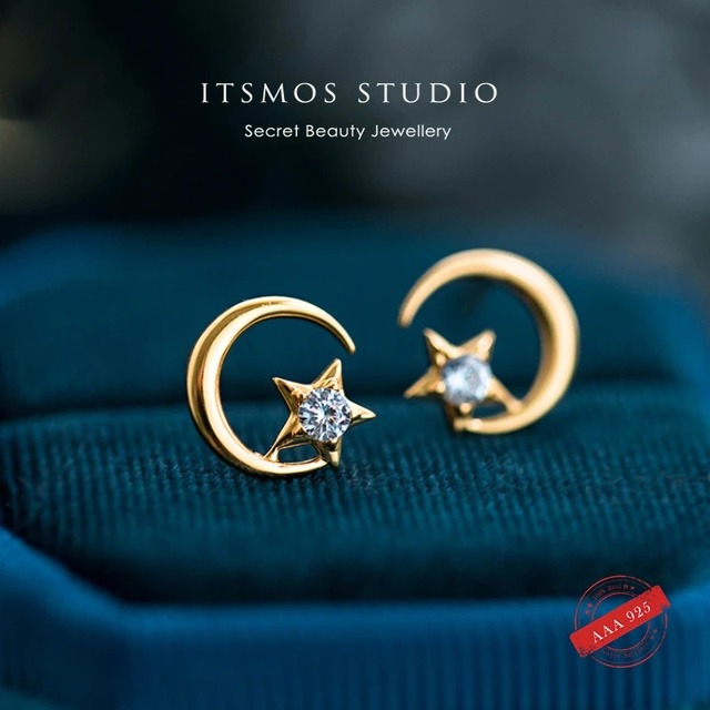 月と星の誓いピアス K14ゴールドメッキ ジルコニアの輝き■C37