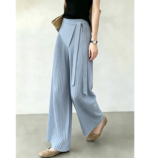 blue tie waist pleated wide leg pants<p3241>