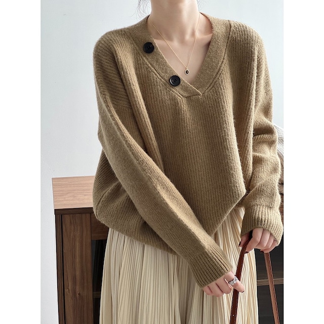 v neck button rib knit pullover N30199