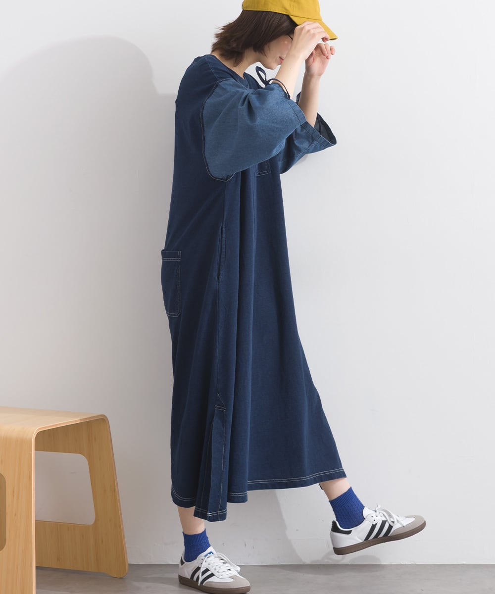 J261096 袖シャーリングデニム切替ワンピース / Shirring Sleeve Denim