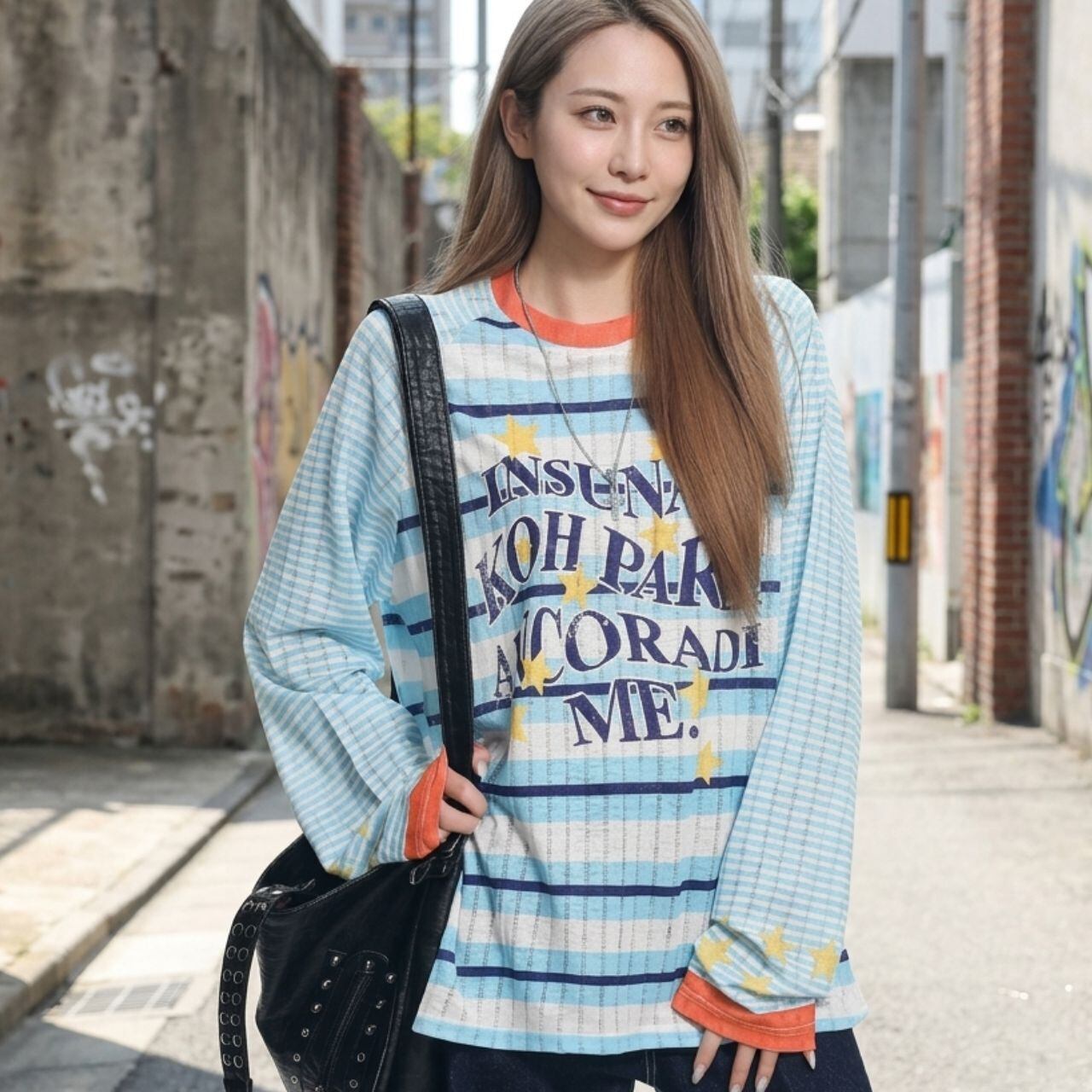 スターモチーフチェックボーダーグラフィックロングスリーブTシャツ 2col R02567