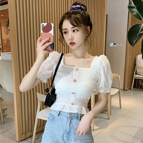 ✞ スリーブトップス プリーツスリムラッフルショートシャツブラウス スクウェア ステッチ ✞ゴスロリ SM ミリ 甘ロリ クラロリ 和ロリ エレガント 黒ロリ 姫ロリ 華ロリ BB-BB6491369