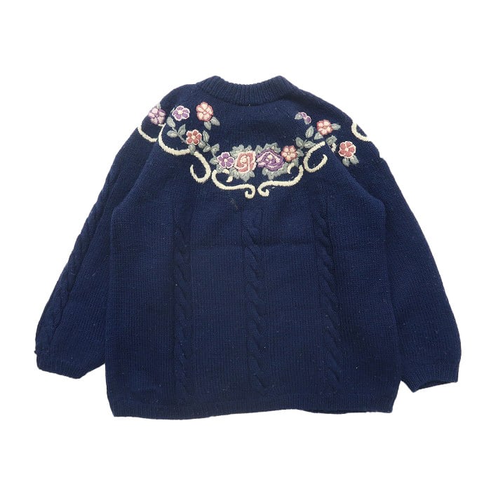 ヴィンテージ レトロ古着 お花刺繍ハイゲージニットセーター 白襟 ネイビー 古着 レディース ウールニット セーター 花柄 刺繍 ネイビー サイズ
