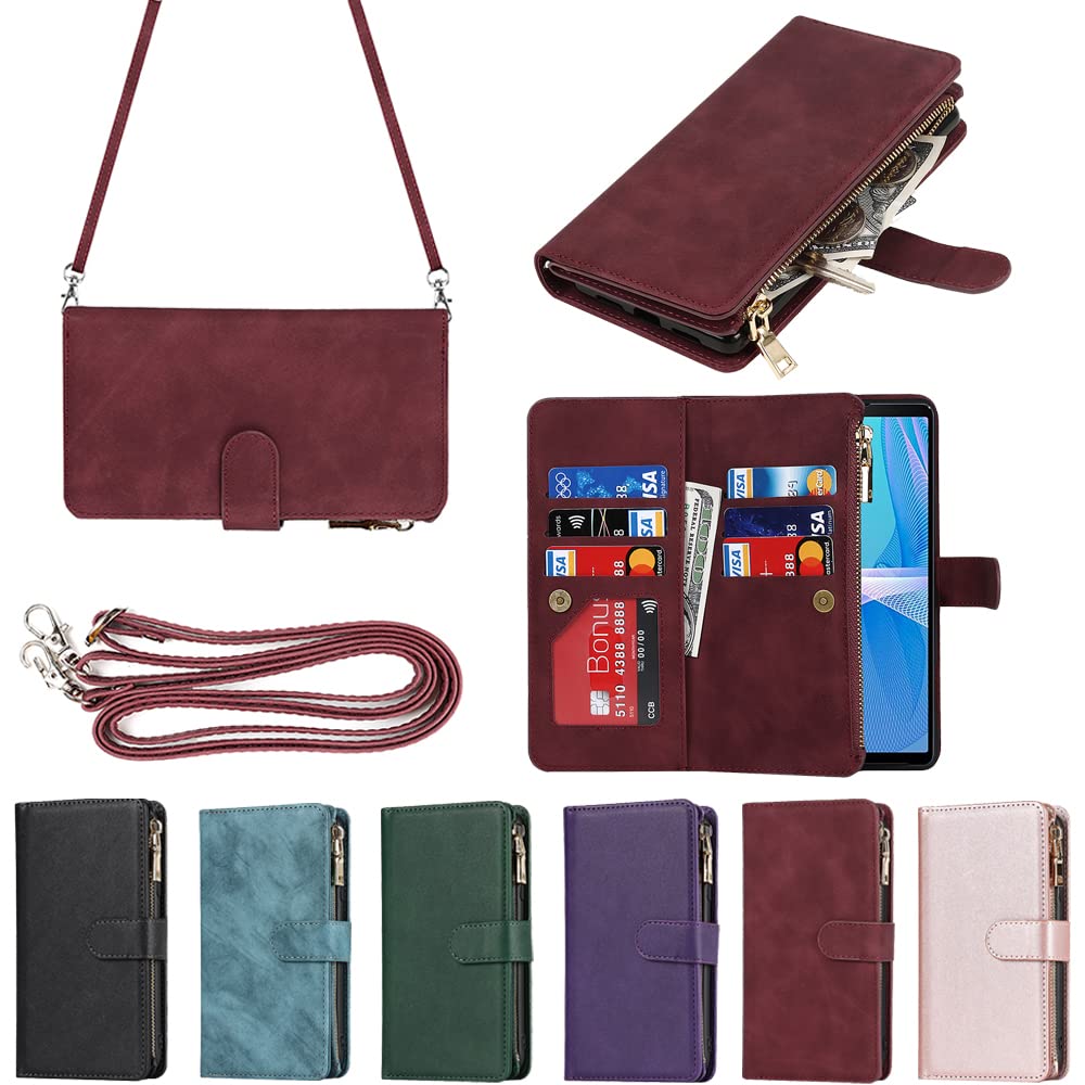 Eastwave for Xperia 10 III ケース ソニー for Sony エクスペリア SO-52B / SOG04 縄掛けケース 手帳型 財布型 ICカード コインポケット ストラップ付き カード 収納 小銭入れ ファスナーポケット付き PUレザー 6色 レッド